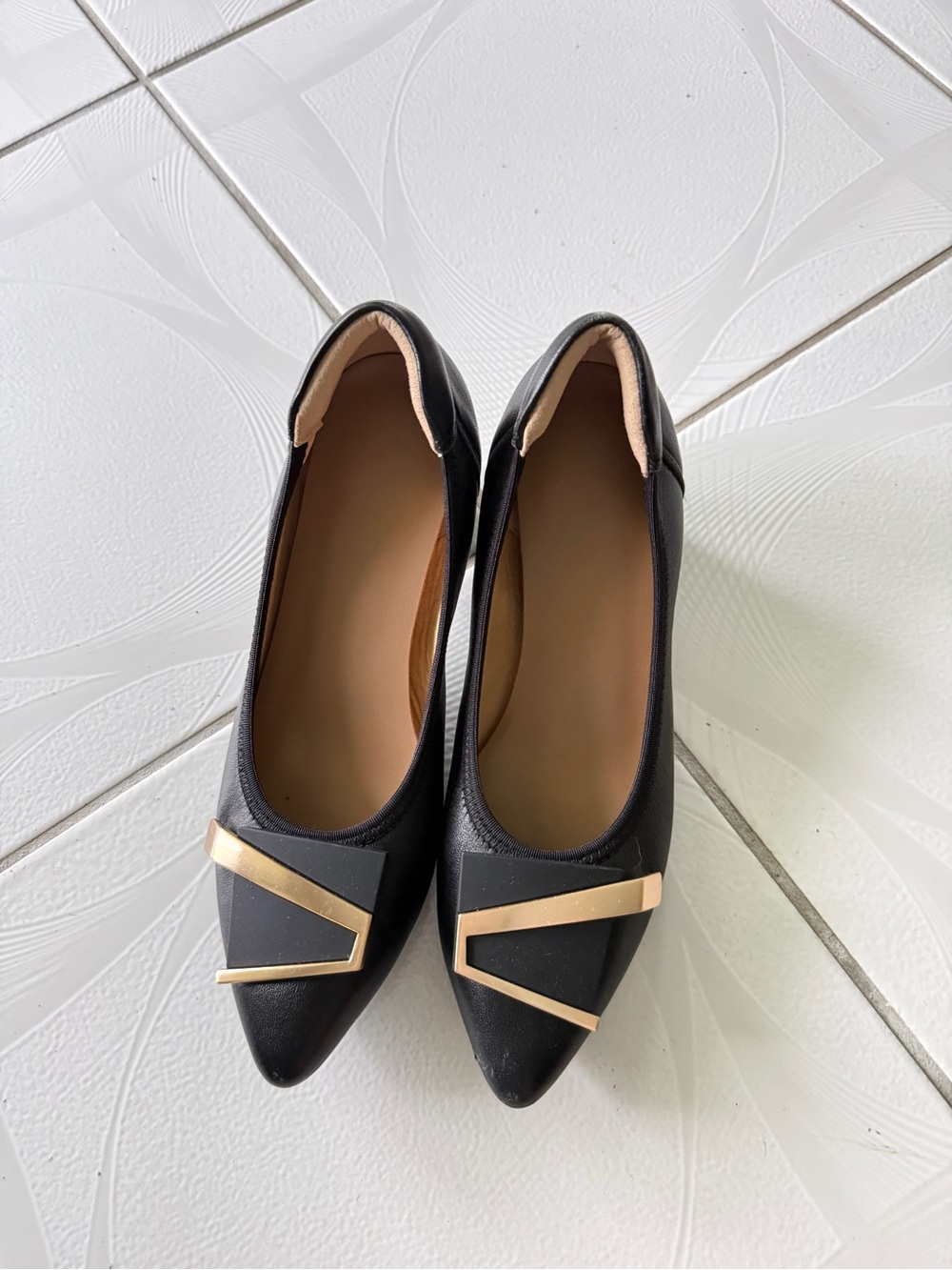 Black Pointed Toe Heels with Gold Accent